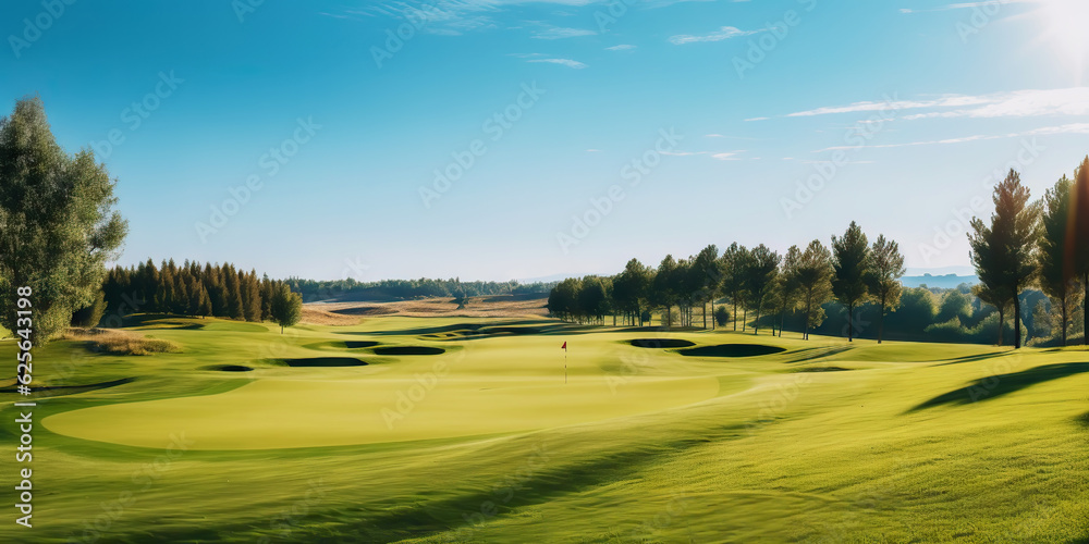 Panoramic view of Golf Course. Golf field with a rich green turf beautiful scenery. Generative AI Panoramic view of Golf Course. Golf field with a rich green turf beautiful scenery. Generative AI