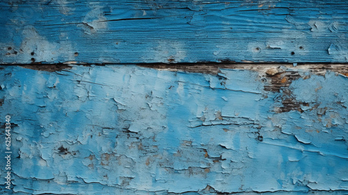 A close - up macro shot of worn and weathered blue paint peeling off an old wooden surface, creating an abstract texture
