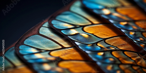 A close - up image of a butterfly s wing displaying an intricate  vibrant pattern and texture