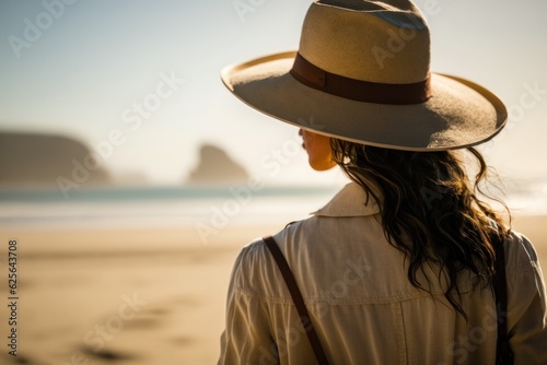 Woman in summer vacation wearing straw hat enjoying the view at the ocean. Back view. Generative Ai © lolya1988
