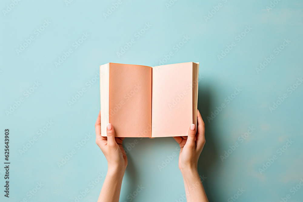 Hands holding an open book on pastel background. Reading, studying, school, diary, education, university learning, time for reading, morning pages, relaxation. Bookstore, library concept. AI generated Hands holding an open book on pastel background. Reading, studying, school, diary, education, university learning, time for reading, morning pages, relaxation. Bookstore, library concept. AI generated