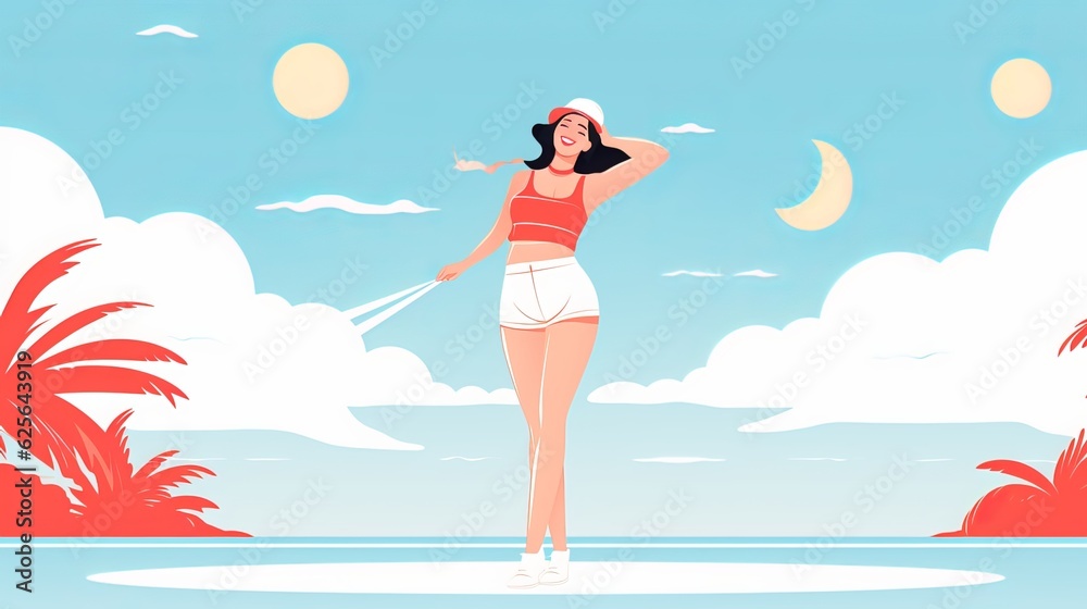 Vector art of a woman in the beach taking a vacation on summer. Generative ai