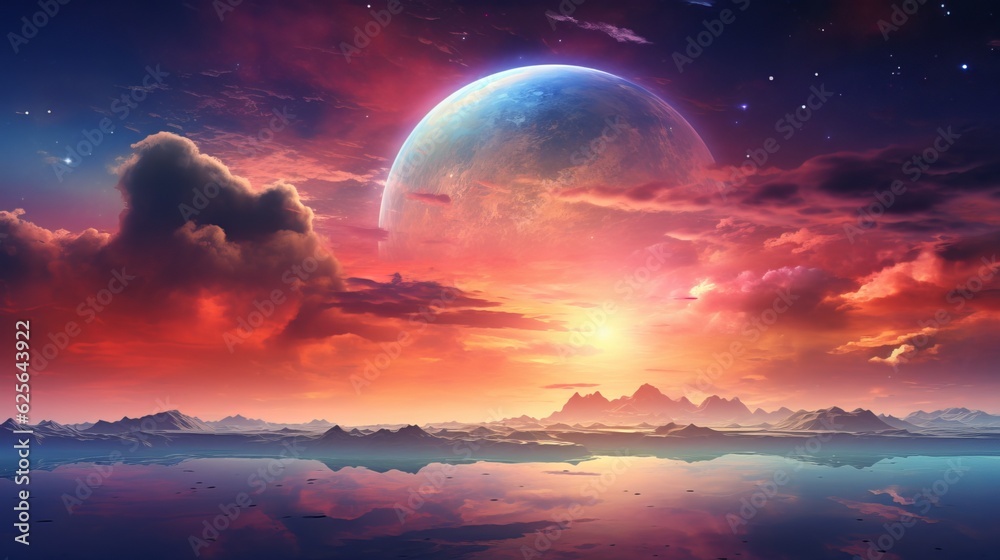 sunrise over the sea, with a big moon in the sky. Generative ai sunrise over the sea, with a big moon in the sky. Generative ai