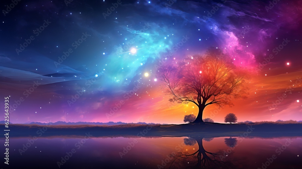 Stunning landscape of afternoon sky with tree silhouette, sparkling stars. Generative ai
