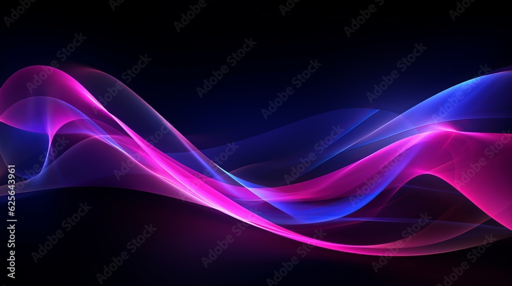 Blue and purple neon lights wave on black background. Generative ai