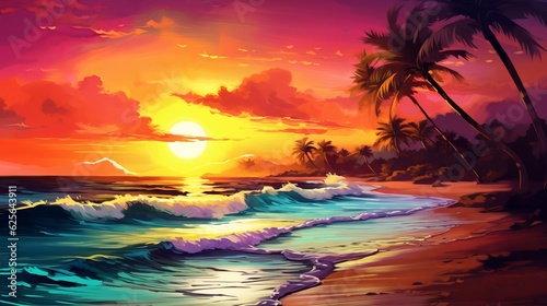 Epic landscape of afternoon view in the beach, stunning and colorful art. Generative ai