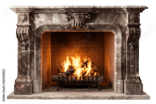 Classic Burning Fireplace Isolated on Transparent Background. AI