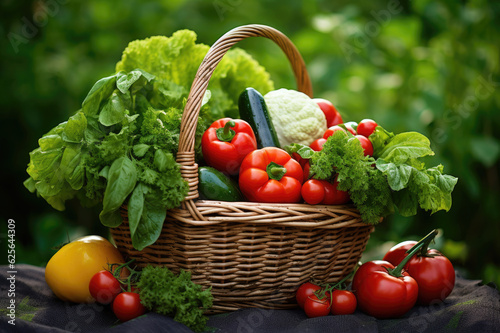 Wicker basket full of assorted vegetables on green leaves background