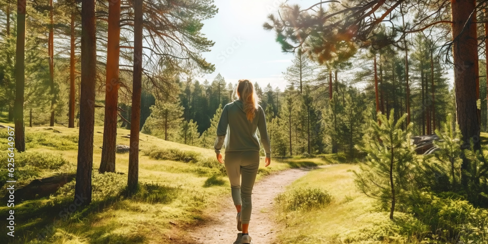 Woman running in park with green trees on beautiful summer day. Sport fitness concept. Generative AI Woman running in park with green trees on beautiful summer day. Sport fitness concept. Generative AI
