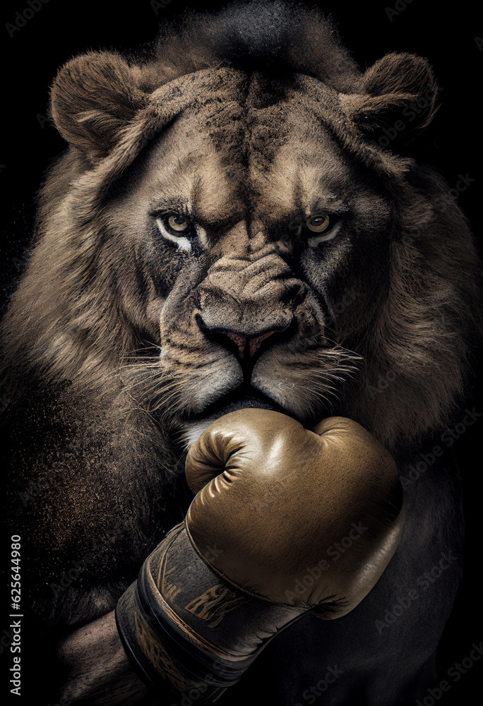 Portrait of a lion with boxing gloves. AI Generated