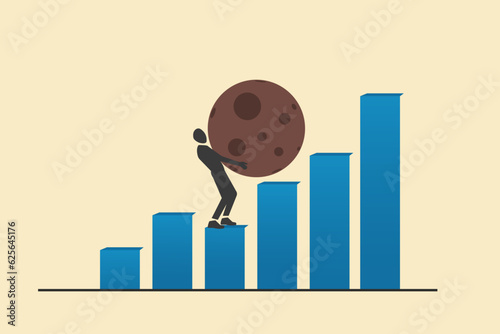 Businessman carry heavy boulder step up to top graph. concept of problem or difficulty to achieve success, risk, increase earning and profit