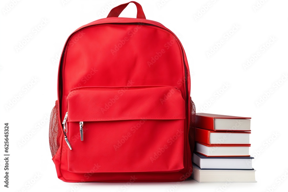 red school backpack with some books isolated on white background png red school backpack with some books isolated on white background png