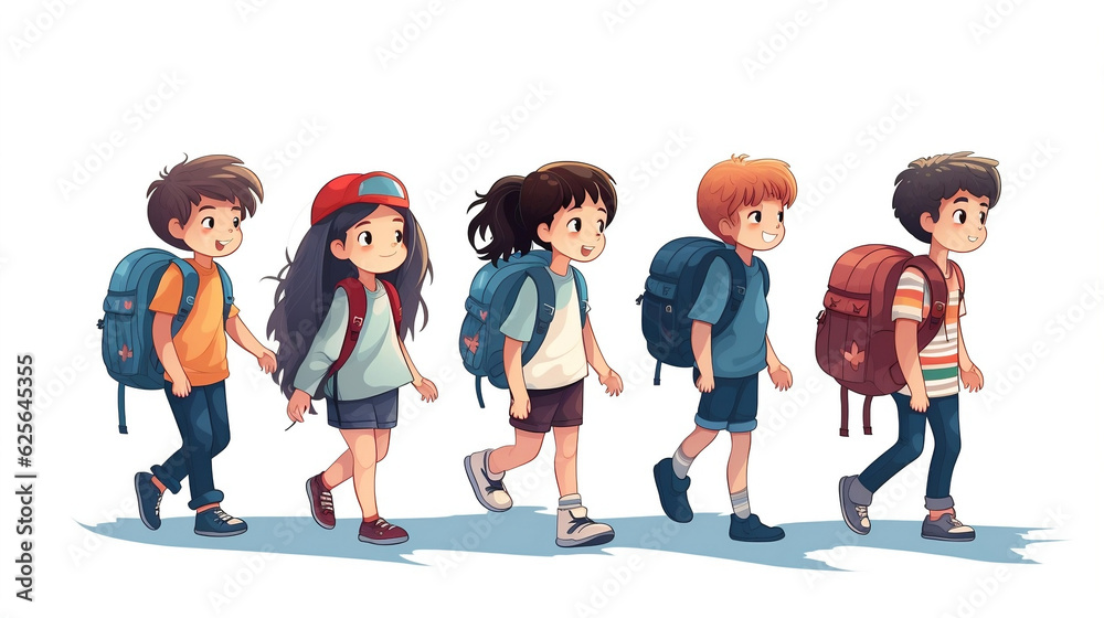 A group of schoolchildren go to school with a backpack new quality, universal colorful technology, illustration design, generative artificial intelligence A group of schoolchildren go to school with a backpack new quality, universal colorful technology, illustration design, generative artificial intelligence