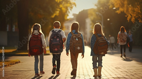 A group of schoolchildren go to school with a backpack new quality, universal colorful technology, illustration design, generative artificial intelligence