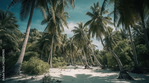 Palm trees on the beach on a tropical island in the Maldives.