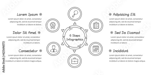 Doodle circle diagram with six elements with place for icons and text, handdrawn infographic template, vector eps10 illustration