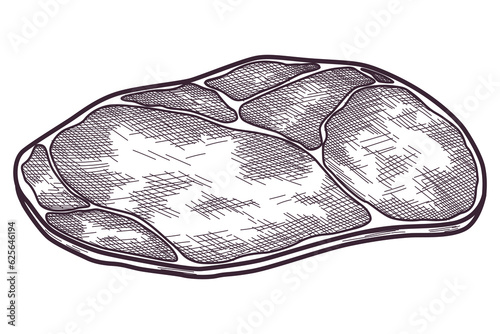 Hand drawn jamon. Gourmet meat. Isolated delicious engraving sketch. Dry cured farm natural product. Pork black and white drawing. Vector restaurant menu element illustration