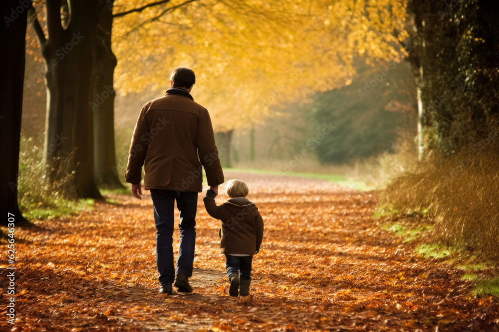 father and son holding hands walking on a path in forest in autumn