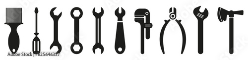  onstruction tools. Adjustable wrench, pliers, hammer vector silhouette. Paint brush for painting walls.