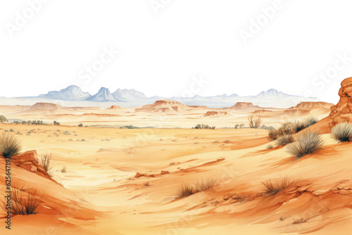 A panoramic view of a desert with shifting sand dunes, depicted in watercolor style, isolated on a transparent background for design layouts ai generate