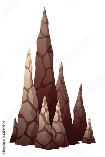 Stalagmite. Icicle shaped upward growing mineral formations in cave. Nature brown limestone, material stone icon. Natural growth geology formations