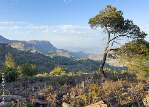 Mountains landscape on sunset. Mountain view from Mola De Segart mountain in Sierra Calderona national park in Valencia, Spain. Sunset over mountains. Landscape of a mountain valley. Hill on sunrise. photo