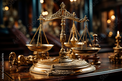 old books and scales of justice on a wooden table