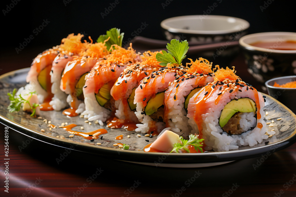 japanese sushi with salmon, uramaki as sushi roll with seeds japanese sushi with salmon, uramaki as sushi roll with seeds