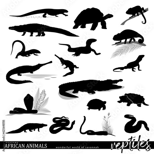 African reptile silhouettes set with wildlife scenes. African savannah animals. Vector illustration.	