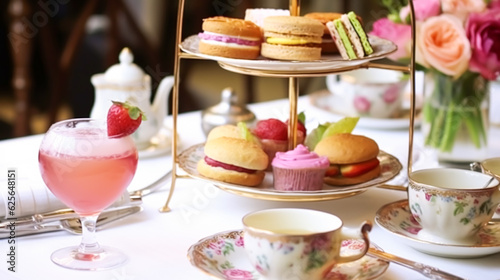 Afternoon tea, English tradition and restaurant service, tea cups, cakes, scones, sanwiches and desserts, holiday table decor and afternoon tea stand with pink flowers, generative ai