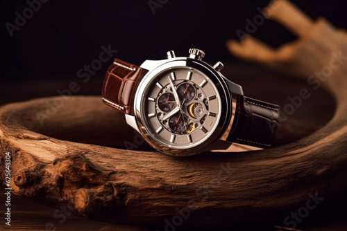 Luxury mens watch commercial concept prototype, bespoke design on dark wood background, generative ai