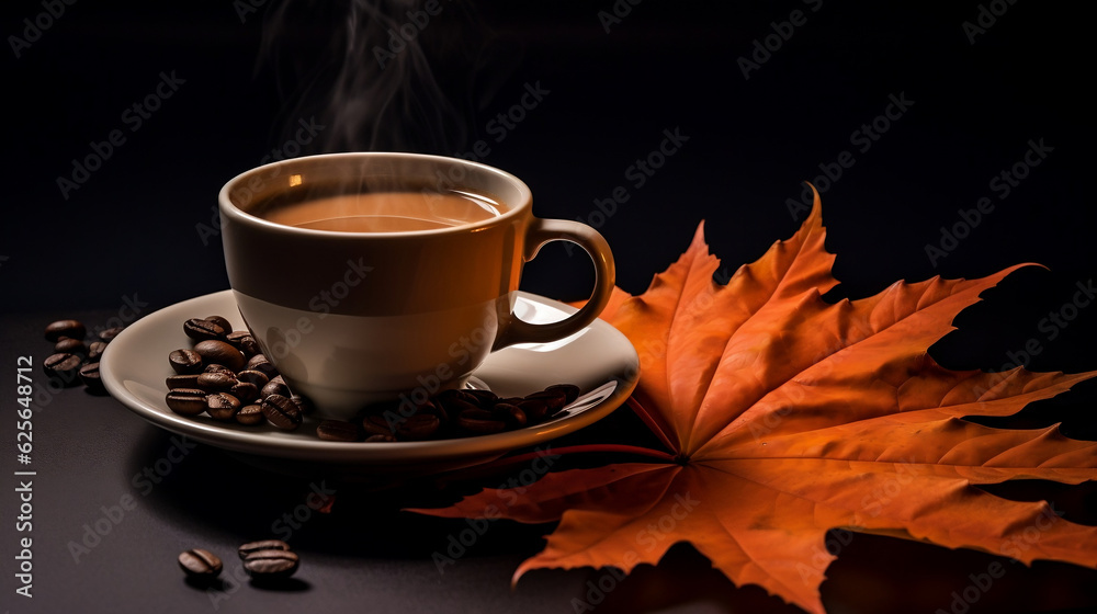 A cup of fragrant coffee with maple leaves on a bench new quality, universal colorful technology, illustration design, generative artificial intelligence