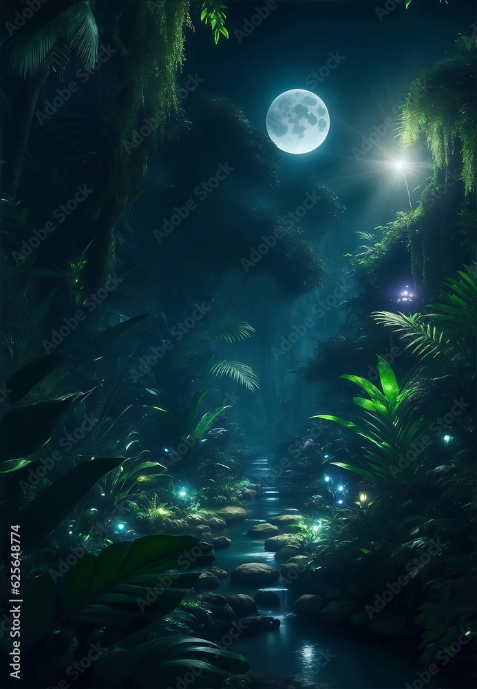Fototapeta premium The magical jungle with moonlight, Generative AI Illustration.