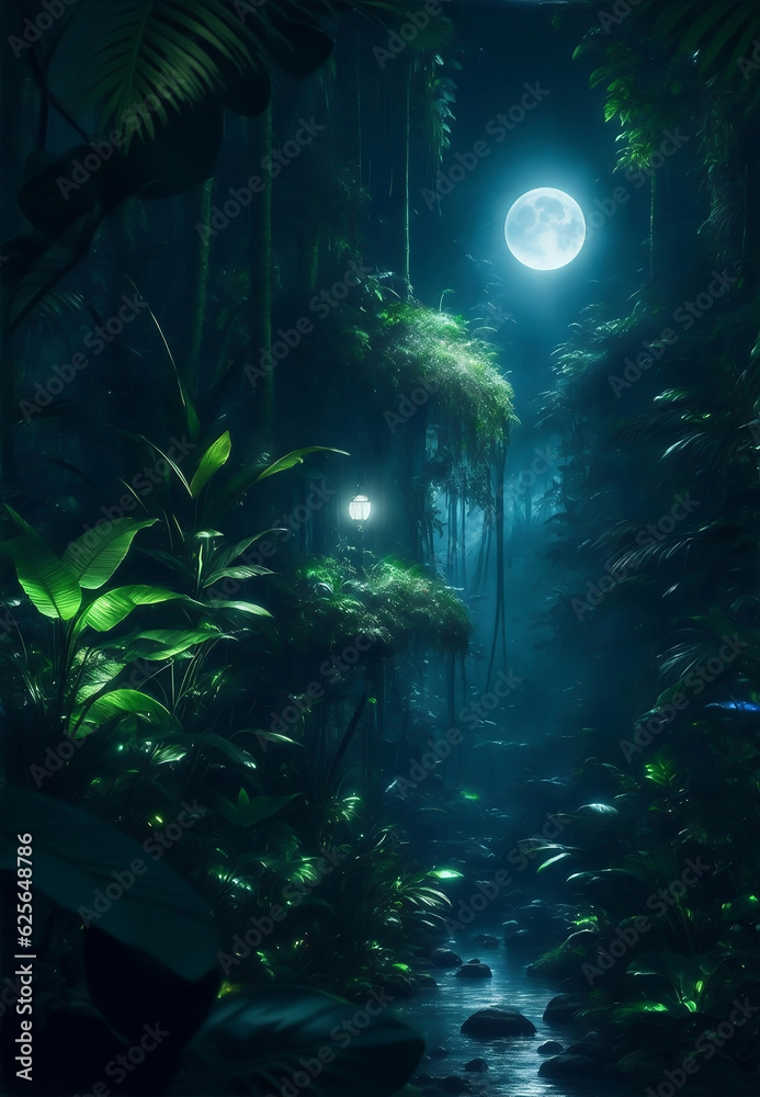 The magical jungle with moonlight, Generative AI Illustration.