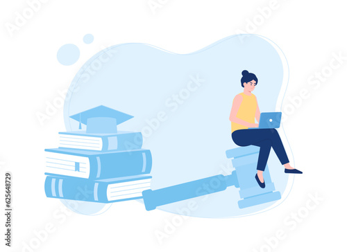 Female judge with lawyer's gavel and law books concept flat illustration