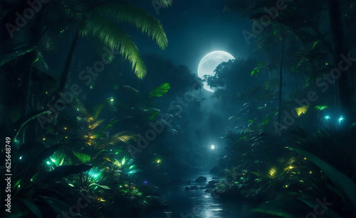 The magical jungle with moonlight, Generative AI Illustration.