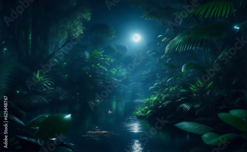 The magical jungle with moonlight, Generative AI Illustration. © Creative_Bringer