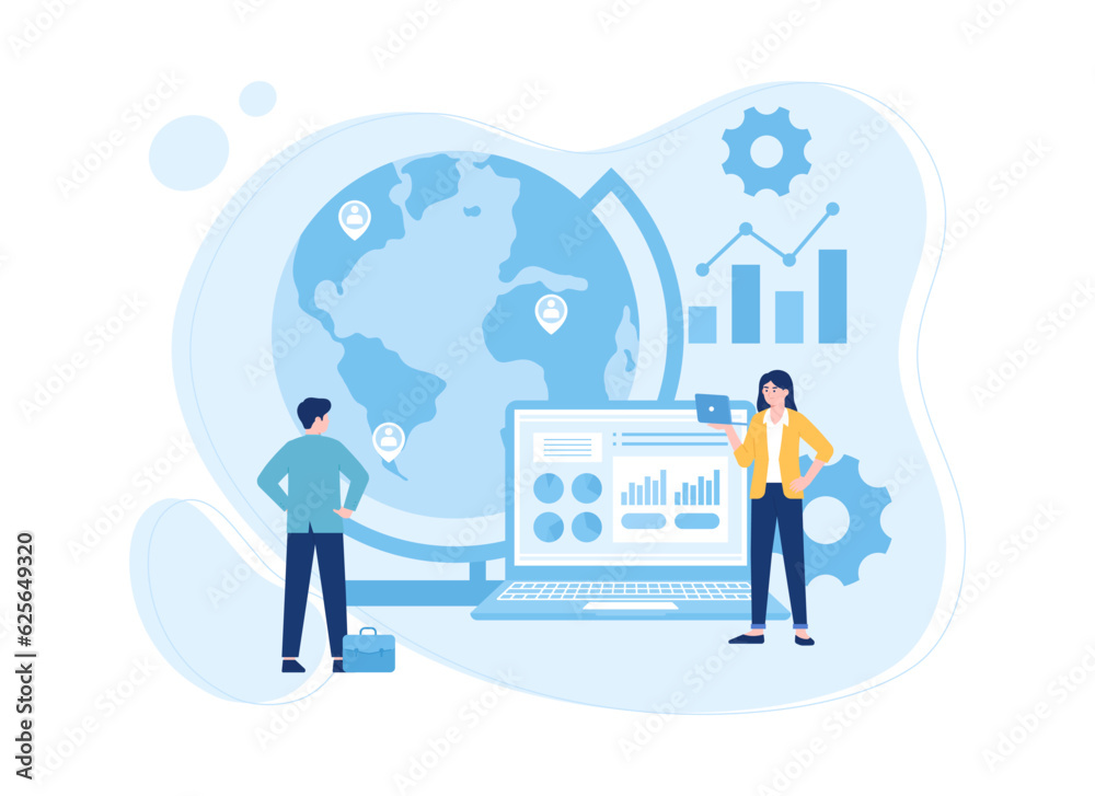 Two business people analyzing stock market growth data concept flat illustration Two business people analyzing stock market growth data concept flat illustration