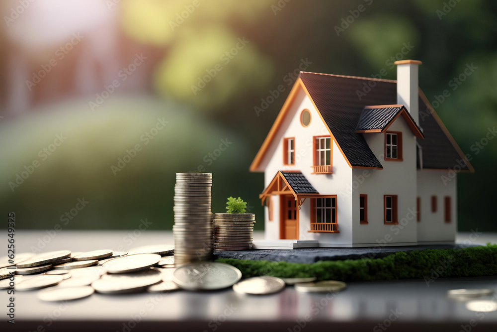 ai generated illustration Small model house with coins, buy and sell ...