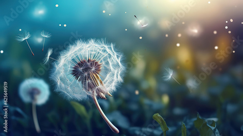 Beautiful dandelion closeup with seeds blowing away in the wind. Generative Ai