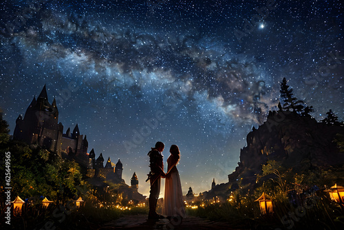 A princess and her warrior love holding hands as they share a tender moment together under a starry night sky. Two star-crossed lovers meet secretly under a canopy of stars. Fantasy generative AI.