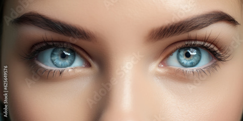 Young beautiful woman with blue eyes, closeup detail to her face, both iris visible. Generative AI