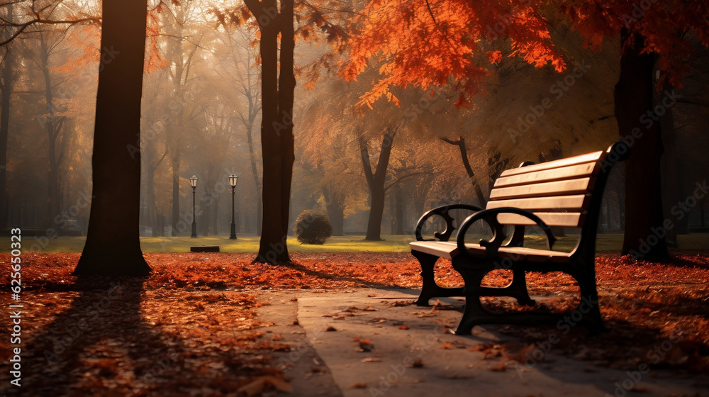 Autumn park with bench and maple leaves new high -quality, universal colorful technologies, illustration design, generative artificial intelligence