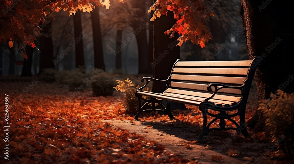 Autumn park with bench and maple leaves new high -quality, universal colorful technologies, illustration design, generative artificial intelligence