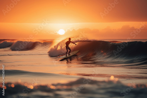 Surfer riding a tropical wave at sunset.