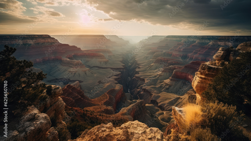 Panoramic view of the Grand Canyon at sunset.