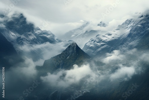 Photograph of mountainous landscapes covered in fog  Generative AI