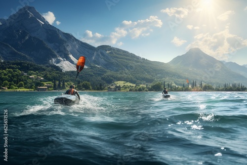Photograph of people practicing water sports on crystal clear lake, Generative AI