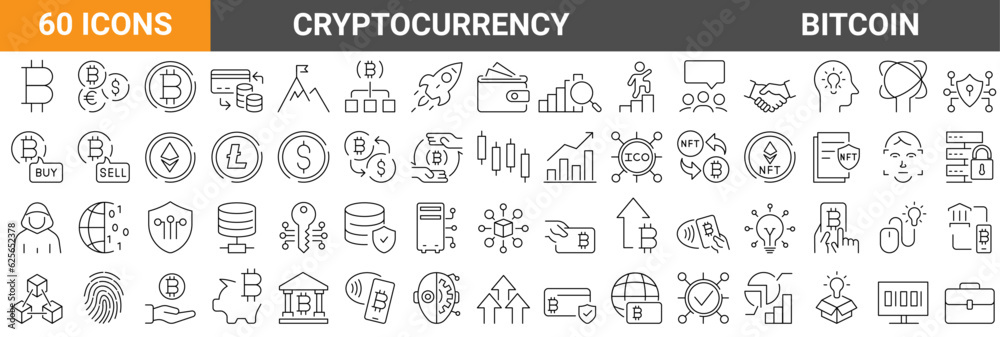 Set of 60 Cryptocurrency economy web icons collection. Blockchain package. Bitcoin, NFT, Vector illustration. Outline icon. Editable stroke.