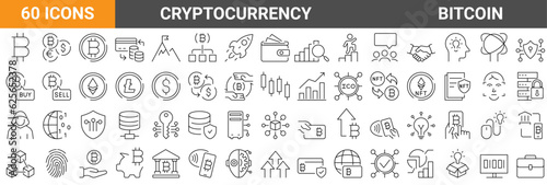 Set of 60 Cryptocurrency economy web icons collection. Blockchain package. Bitcoin, NFT, Vector illustration. Outline icon. Editable stroke.